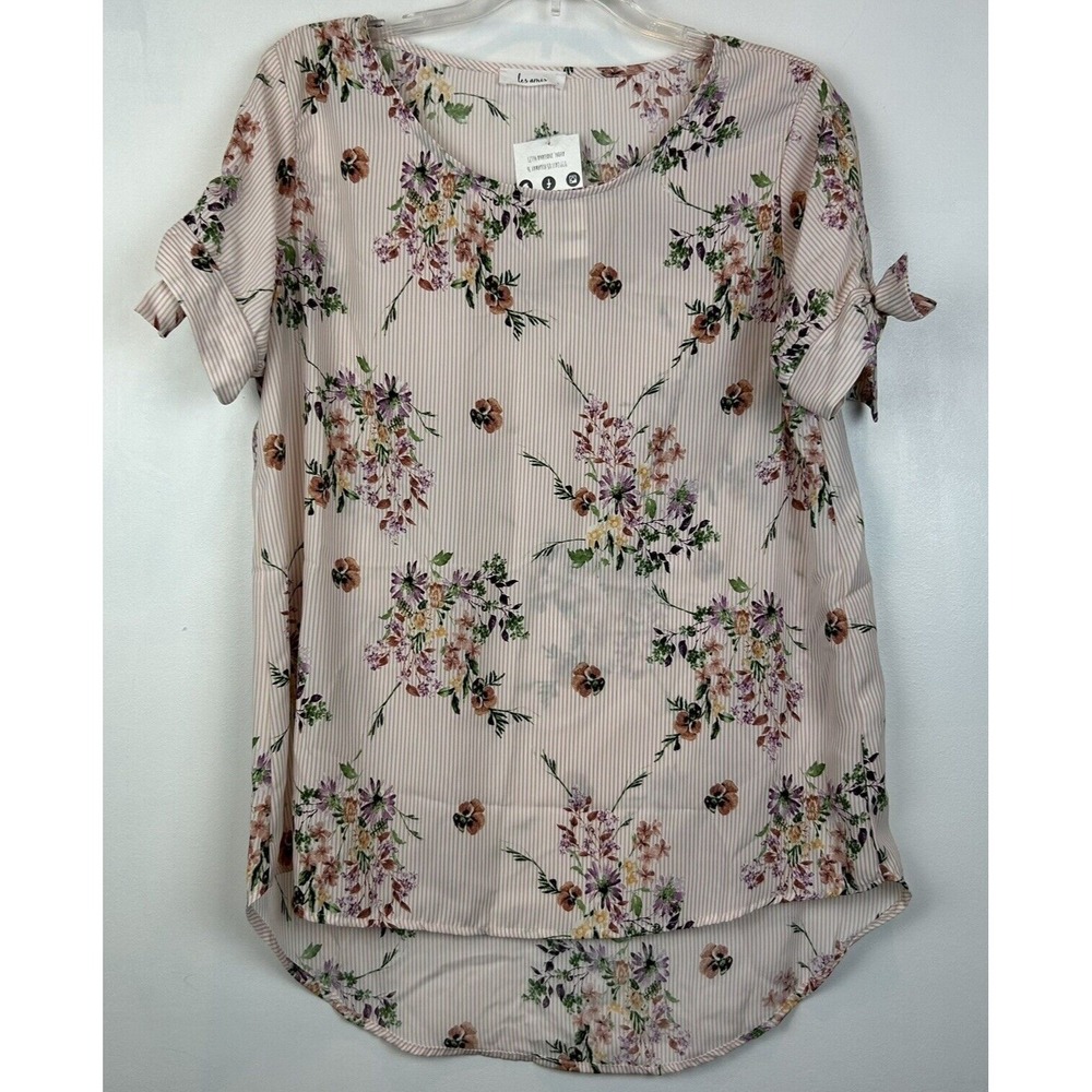 Women Top L New Floral Short Tie Sleeves Pink Stripe Scoop Feminine Les Amis NWT